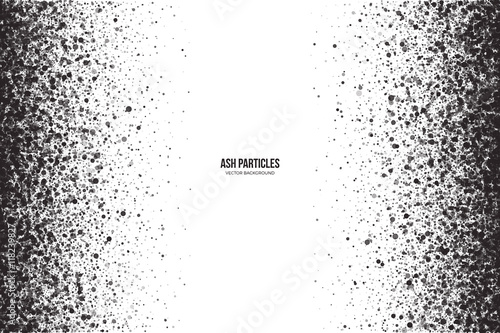 Abstract vector dark gray round ash particles on white background. Spray effect. Scatter falling black drops. Hand made grunge texture