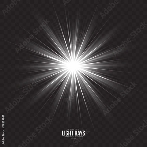 Abstract gleaming light rays vector background. White glint glowing effect on transparent backdrop. Design element. Celebration, holidays and party illustration