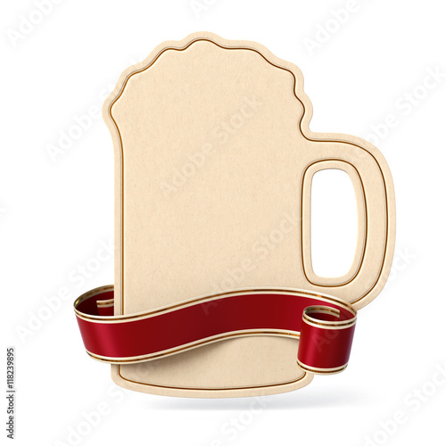 Curled red ribbon banner with beer mug silhouette card