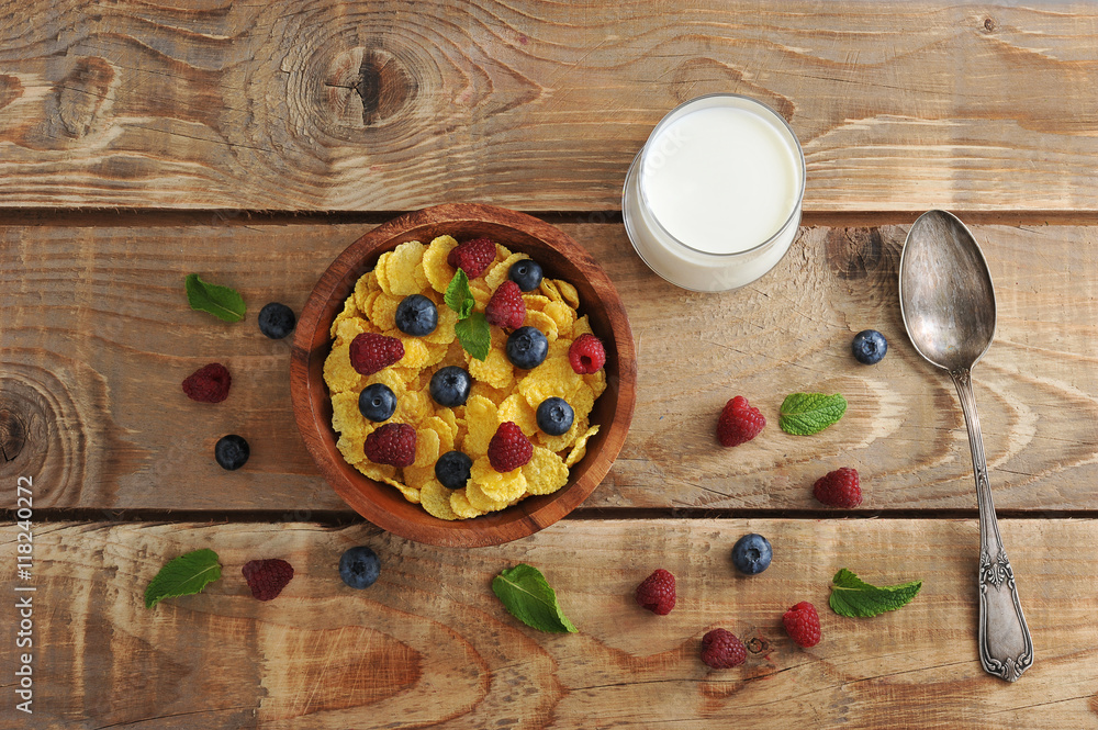 cereal and milk with blueberries and raspberries cereal and milk with blueberries and raspberries