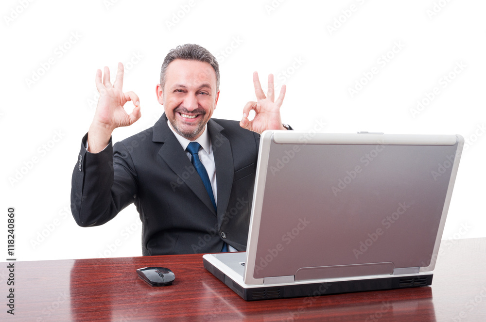 Happy businessman doing double ok sign