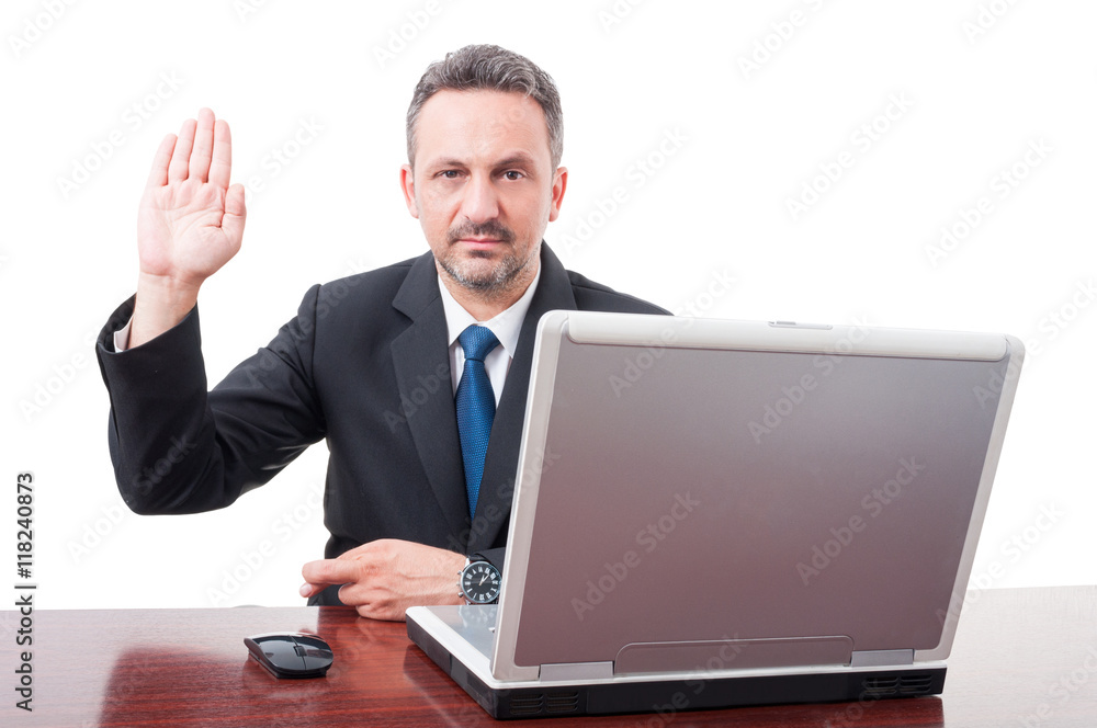 Serious male manager doing a false testimony Serious male manager doing a false testimony