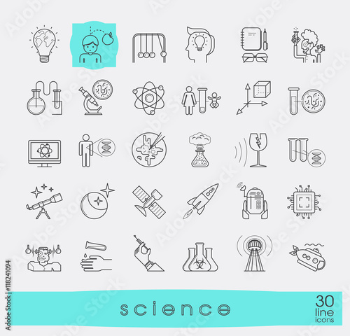 Collection of scientific icons. Line icons of science, ideas, physics, chemistry, astronomy, genetic engineering.

