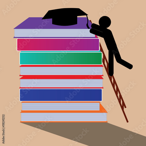 A student leaping high on the ladder to reach the graduation cap.
