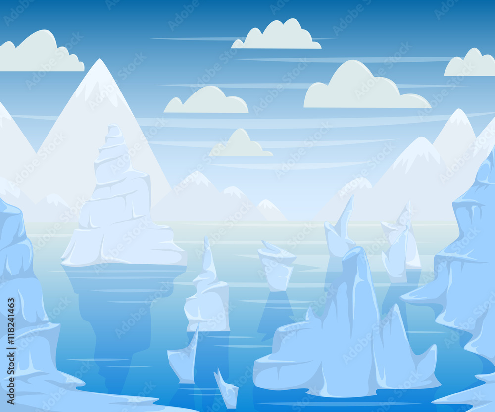 Polar landscape with mountains and icebergs. Vector illustration