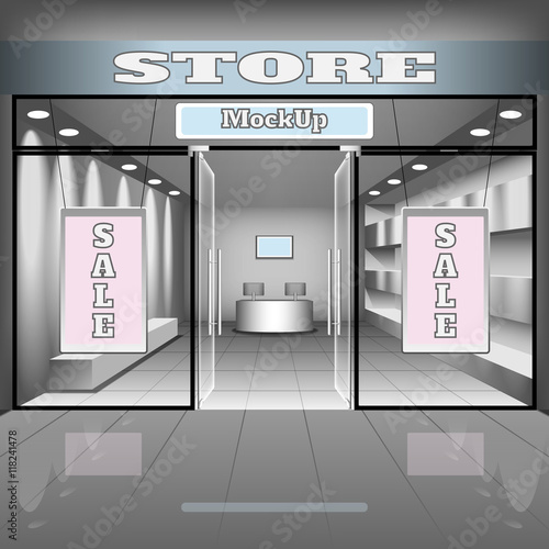 realistic store or office interior template. Boutique illustration with shopwindow, shelves, banners.