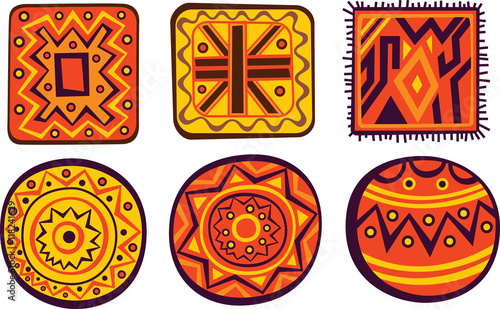 Set of African color decorative ornaments, red and yellow