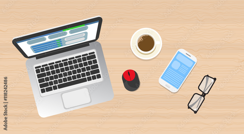 Workplace Wooden Desk Top Angle View Laptop, Phone Workplace Wooden Desk Top Angle View Laptop, Phone
