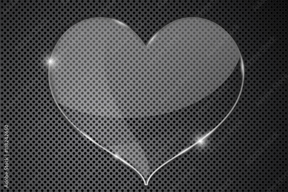 Heart transparent plate on metal perforated background Heart transparent plate on metal perforated background