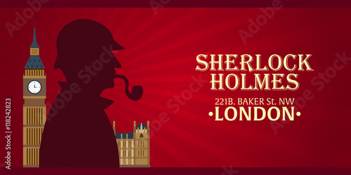 Sherlock Holmes poster. Detective illustration. Illustration with Sherlock Holmes. Baker street 221B. London. Big Ban