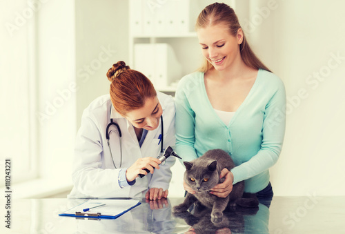 Fototapeta Naklejka Na Ścianę i Meble -  happy woman with cat and doctor at vet clinic