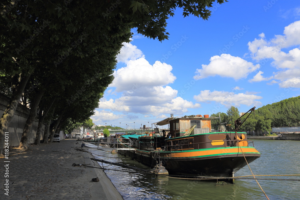 Boat on Seine river in Paris, France