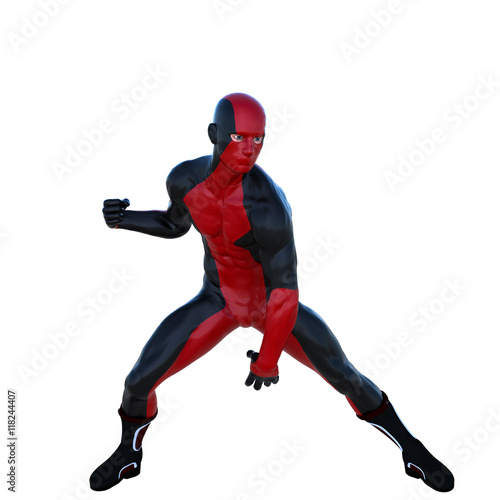 one young superhero man with muscles in red black super suit. Stands in a pose of protection. One hand is pointing down. Right hand balled in a fist