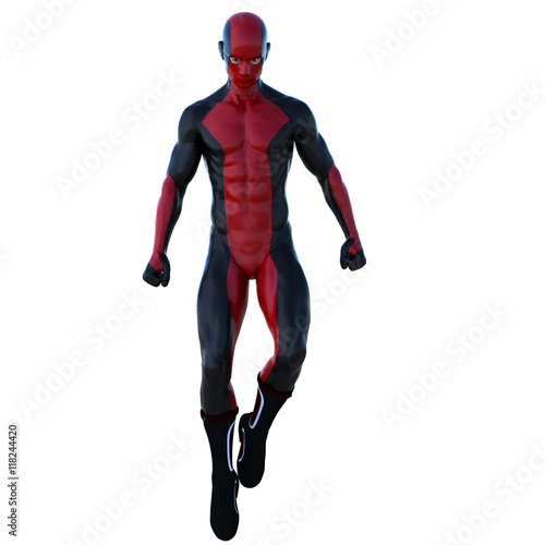 one young superhero man with muscles in red black super suit. He stands with a stern look and fists clenched