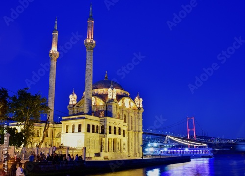 Ortakoy Mosque, Istanbul: view on mosque and Bosphorus bridge