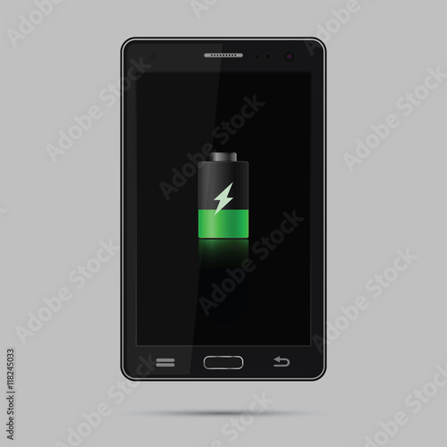 Realistic black smartphone. Mobile phone with black screen and charging sign. Gadget isolated on grey background. Vector eps 10  