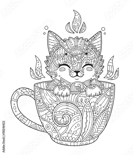 Kitten in cup. Adult antistress coloring page with cat in zentangle style. Doodle animal. Vector illustration for T-shirt print, tattoo, logo.