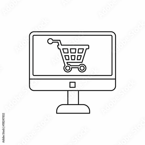 Purchase at online store through computer icon in outline style isolated on white background. Shopping symbol vector illustration