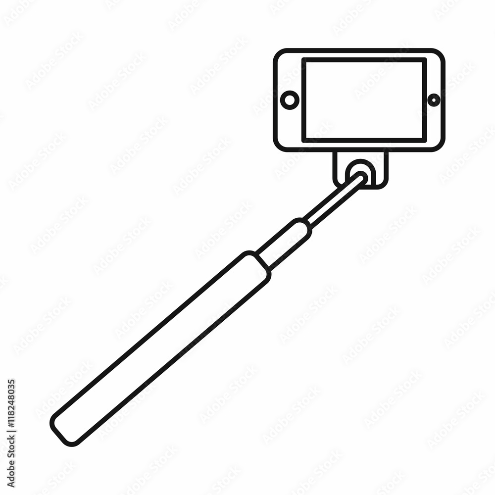 Selfie stick and smartphone icon in outline style isolated on white background. Device symbol vector illustration Selfie stick and smartphone icon in outline style isolated on white background. Device symbol vector illustration