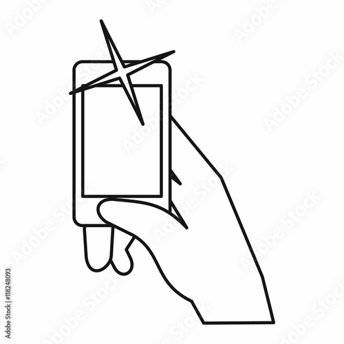Hand taking pictures on cell phone icon in outline style isolated on white background. Device symbol vector illustration