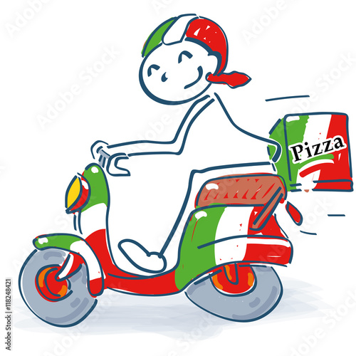 Strichmännchen mit Motorroller als Pizzakurier
