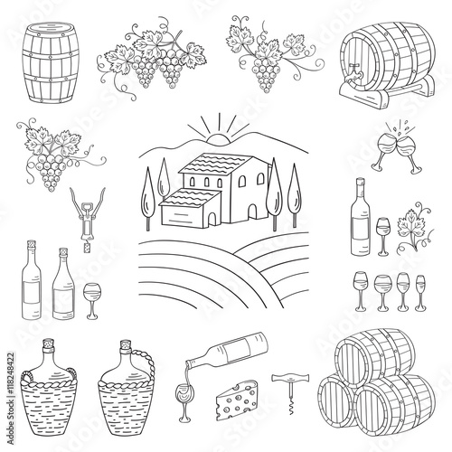 Wine and wine making set vector illustrations hand drawn doodle, vineyard , bottles, glasses, grapes, barrels, cellar. Wine design elements.