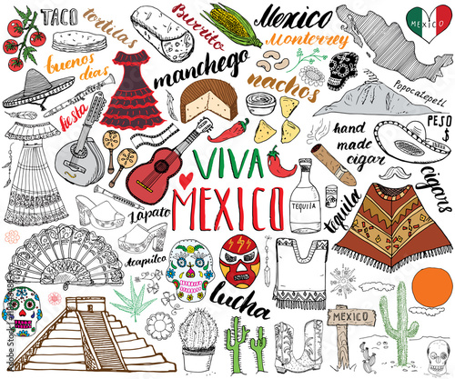 Mexico hand drawn sketch set vector illustration