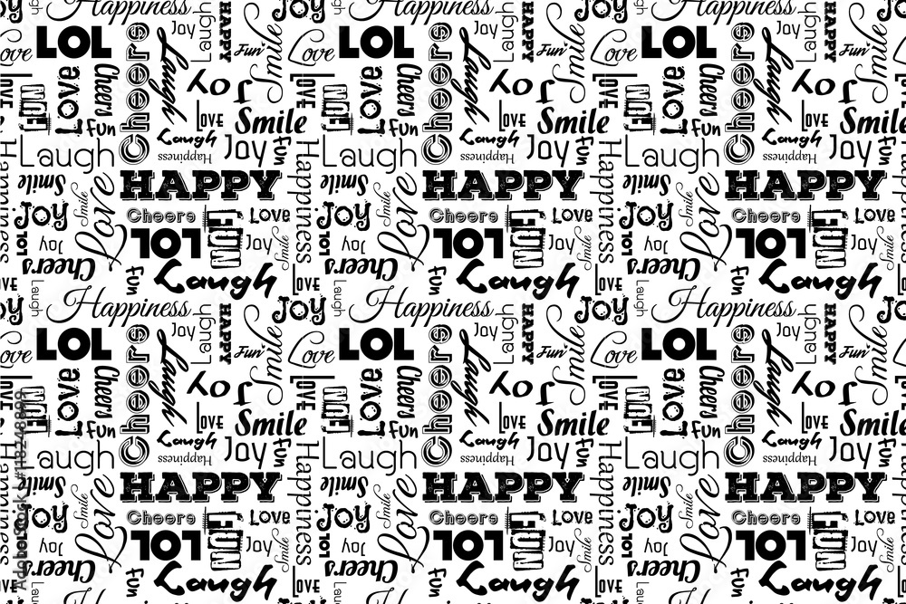 Seamless pattern with words: happy, joy, laugh, smile, happiness, lol, love, fun, cheers. Vector. Transparent background.