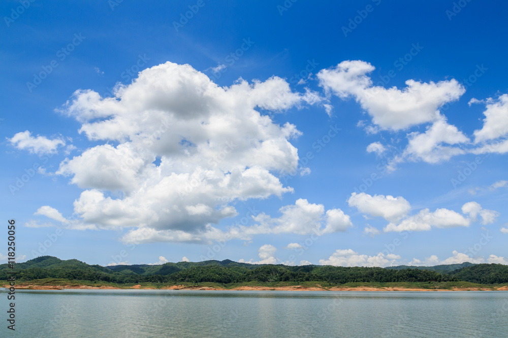  blue sky with white clouds and river