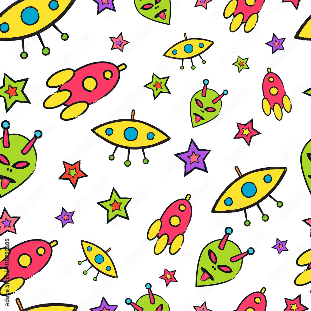 Colorful space hand drawn seamless pattern design. Bright trendy Colorful space hand drawn seamless pattern design. Bright trendy
