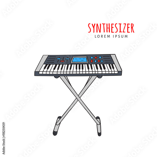 Electronic piano synthesizer vector illustration hand drawn doodle isolated. Musical instrument sketch. Music icon.