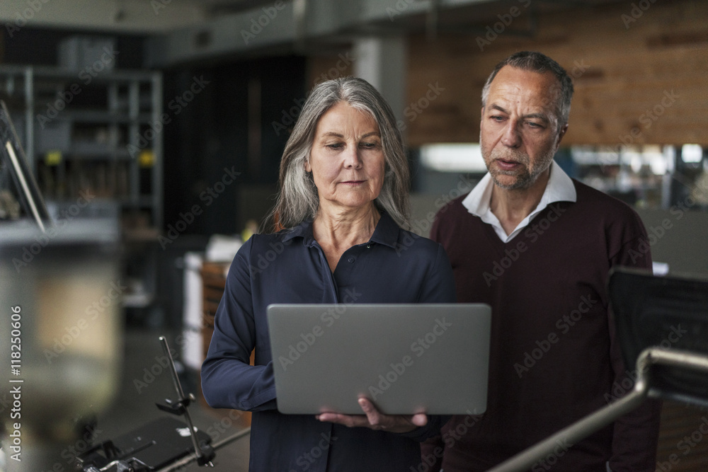 Senior woman and man in a printing shop looking at laptop Senior woman and man in a printing shop looking at laptop