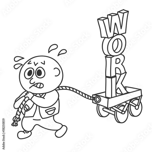 hard work. businessman pulling a wagon with text work. tired exhausted man pulling wagon with the word work. Vector illustration