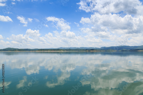 Landscape with river and blue sky with white clouds water reflec