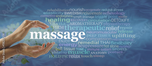 Blue massage word cloud - Female hands gently cupped around the word MASSAGE surrounded by a relevant word cloud on a flowing blue pattern background with faded blossom behind hands