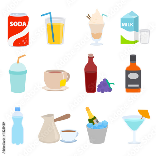 Drinks Icon set. Collection of non-alcoholic and alcohol drinks.