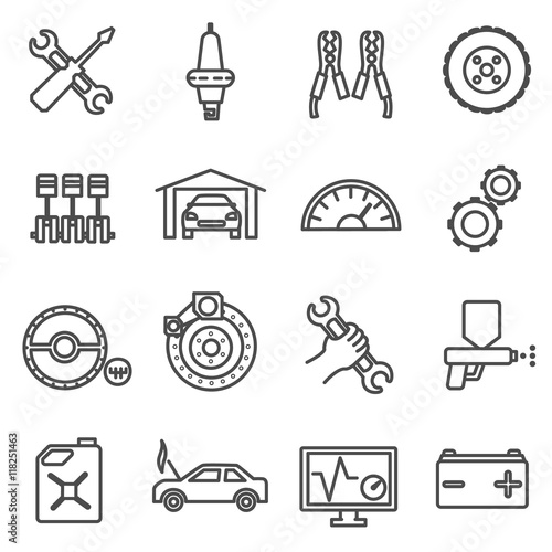 car repair icons set. Car parts and services thin line