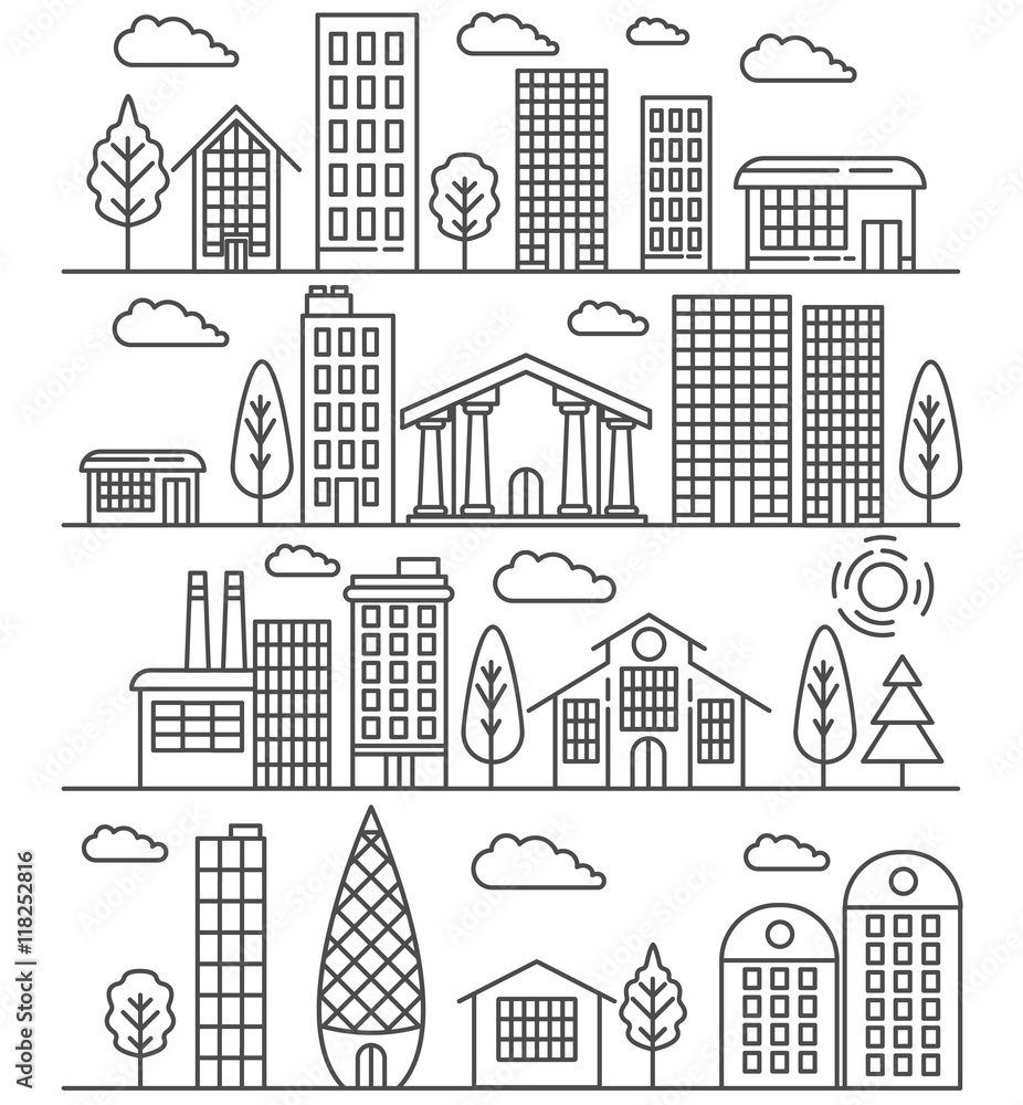 urban landscape illustration. thin line design. city elements