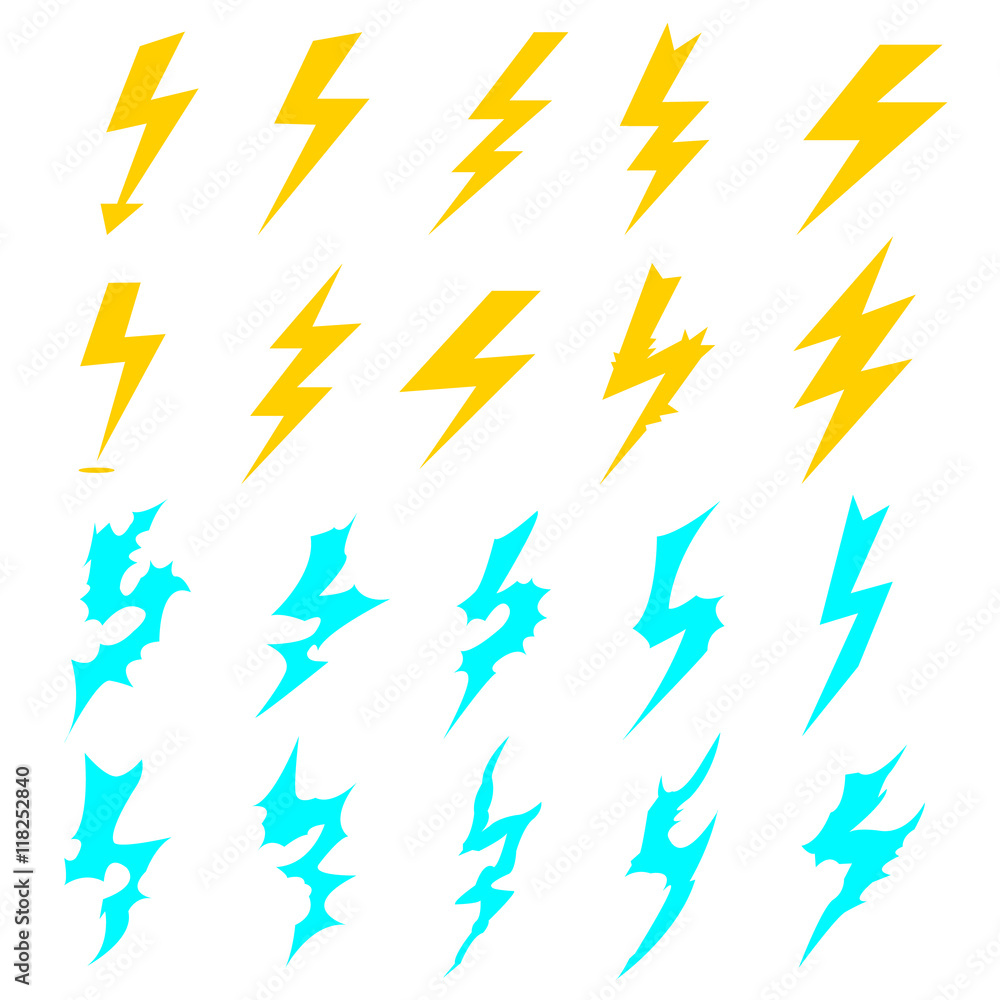 lightning icons set. collection elements of lightning yellow and blue. electric lightning various shapes lightning icons set. collection elements of lightning yellow and blue. electric lightning various shapes