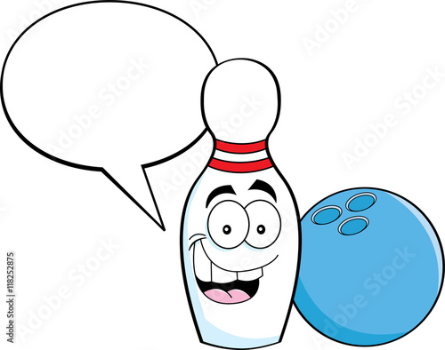 Cartoon illustration of a bowling pin with a caption balloon and a bowling ball.