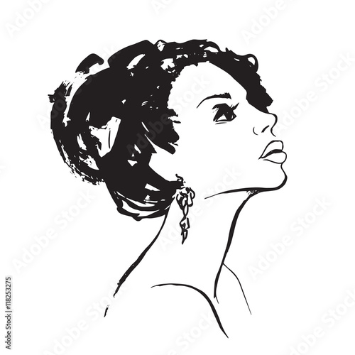 Hand drawn Profile of young woman with big hair.