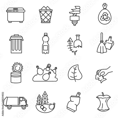 Garbage icons set. waste, pollution, recycling. thin line design