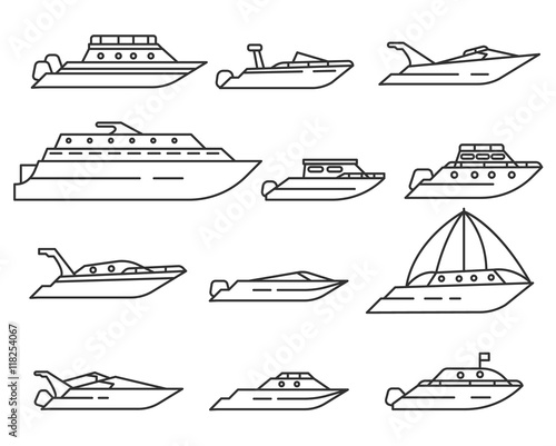 water transport set. Yacht, ship and motor boats collection. various types of maritime transport. Thin line design