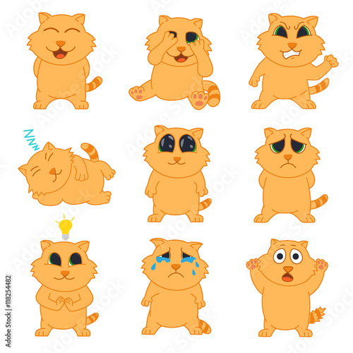 Emotions cat. Set icons of emotions cat in flat style. Collection stickers emotions. smiley cat faces icons set. emotion red cat vector illustrations