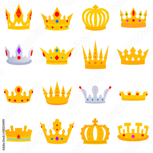 Crown with stones. Crown icons set of different shapes. flat design. Collection of the Iron crown of the rulers with jewels