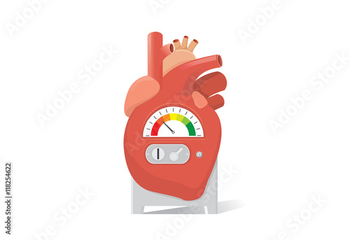 Heart have a channel for inserts a coin into machine. Heart have scale of engine. This illustration is concept about health and medical.