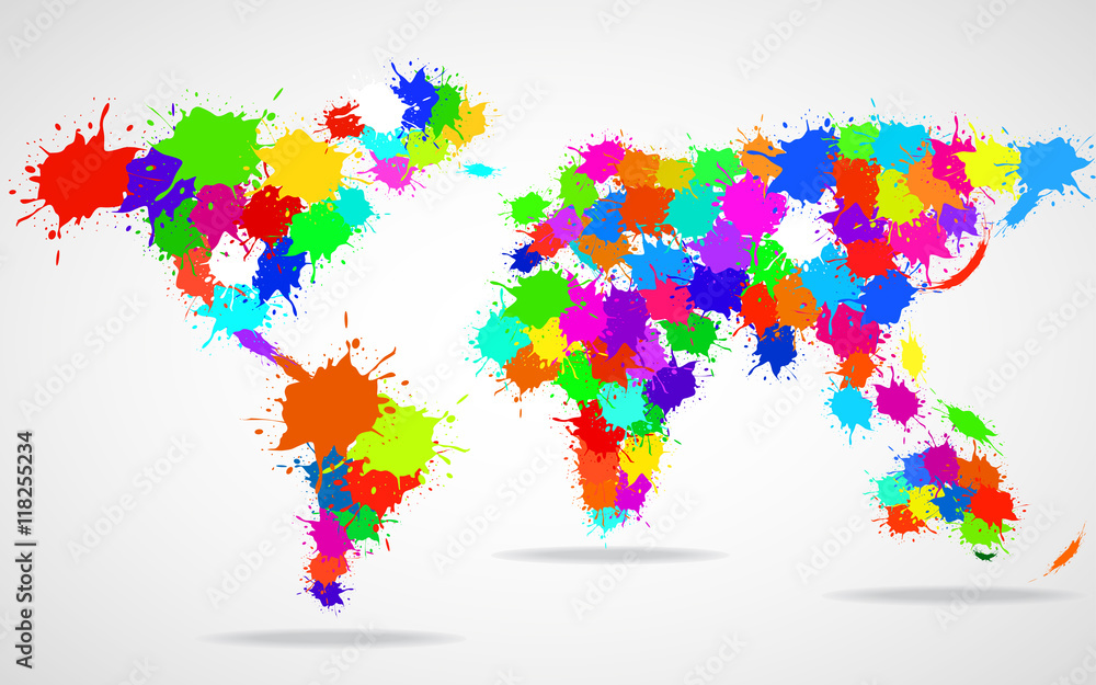 Fototapeta premium Abstract world map of colorful watercolor paint