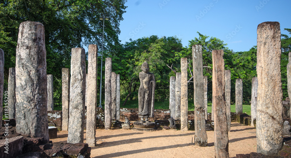 Stone Buddha statue at the Tooth Relic Chamber (Hatadage) in Polonnaruwa, Sri Lanka