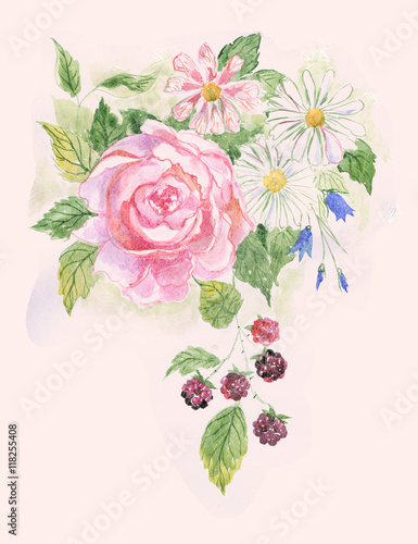 акварельное изображение розы и полевых цветов.Свадебное приглашение в стиле гранж.Летняя открытка. © hexen2015