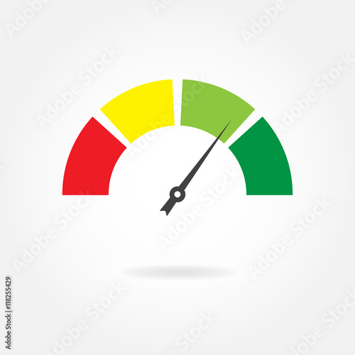 Speedometer or meter icon with arrow. Colorful Infographics gauge element. Vector illustration.